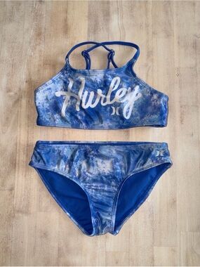 Hurley Blue Tie-Dye Bikini Set with White Logo Size 8